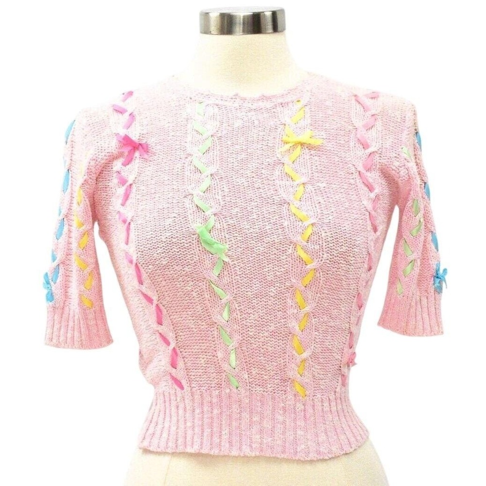 70s Vintage Pink Ribbon Sweater XS Pastel Knit Crop Top Cottagecore Kawaii Bow 2